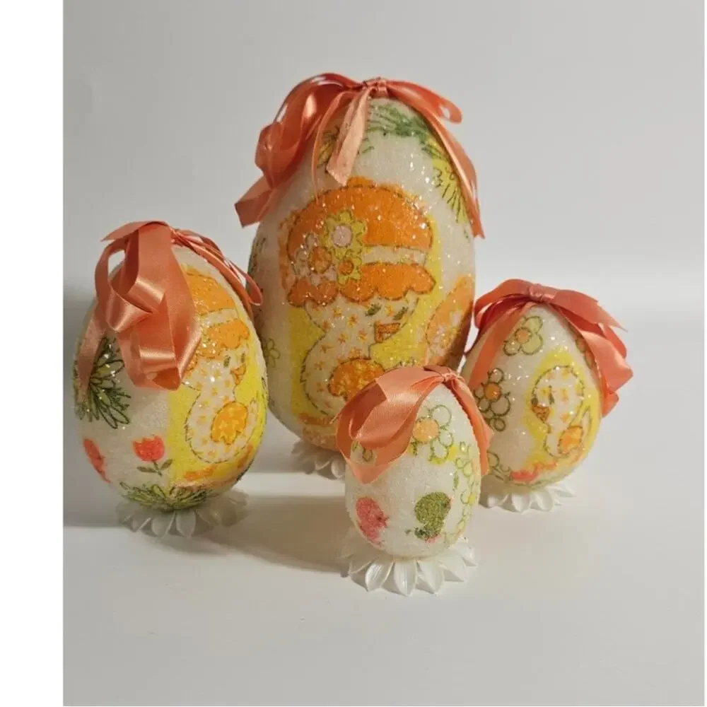 Four handmade sugared decoupage Easter eggs Vintage 70s Ducks and Ducklings